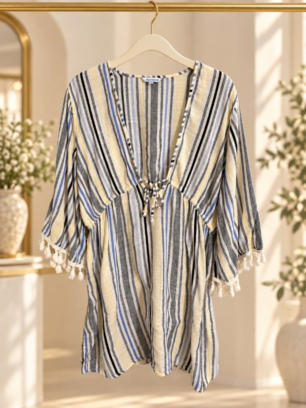 Blue Island L Striped Rayon Swim Cover Up Tassel Kimono Tunic Boho